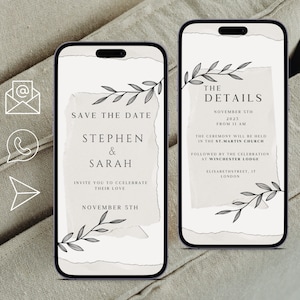May include: A digital wedding invitation with a save the date and details for Stephen & Sarah's wedding on November 5th, 2023. The ceremony will be held at St. Martin Church followed by a celebration at Winchester Lodge in London.