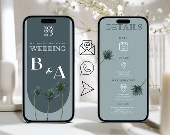 Digital Wedding Invitation blue Electronic Wedding Invitation smartphone invite Wedding Template mobile invite blue invitation template