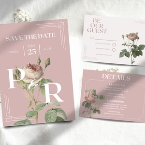 Wedding Invitation mauve floral Invitation template wedding invitation initials editable invitation blush wedding invitation download