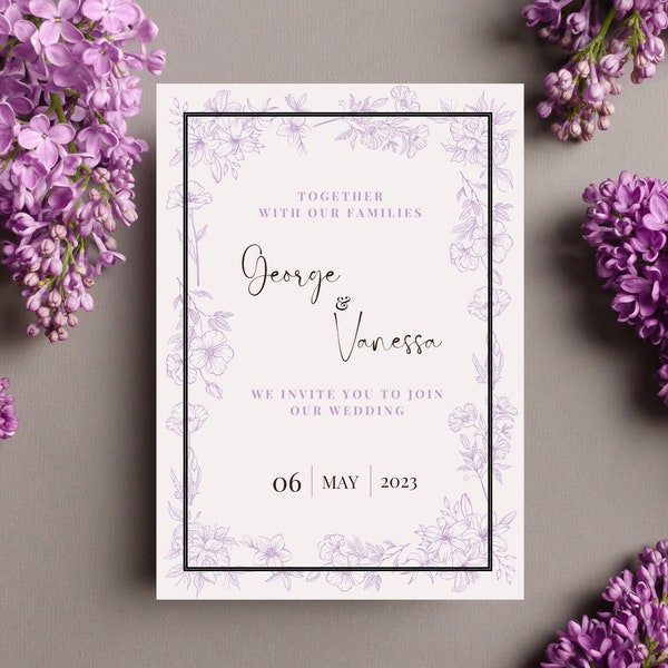 Lavender wedding invitation Floral wedding Template editable wedding invitation pastel wedding template lilac invitation printable instant