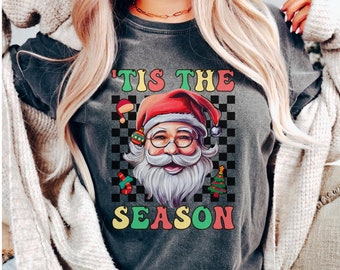 Tis the Season Santa Shirt, Retro Christmas Comfort Color Santa Head Tshirt, 1970s Christmas Shirt, Holiday Apparel Christmas Gifts T Shirt