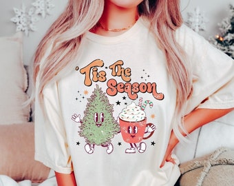 Tis the Season Christmas Tree Shirt, Retro Christmas Comfort Colors Hot Coca Tshirt, 1970s Christmas Shirt, Holiday Apparel Christmas Gifts