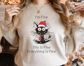 I'm Fine Everything Is Fine Sweatshirt, Christmas Sweatshirt, Sweatshirts Women, Cute Cat Christmas Sweatshirt, Christmas Lights Sweatshirt