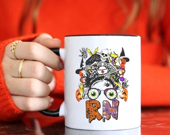 Custom Messy Bun Nurse Mug, Nurse Halloween Mug, Funny RN Gift, Funny Nurse Cup, Nurse Halloween Gift, Spooky Nurse Cup, RN Nurse Student