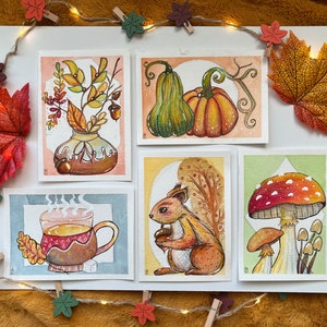 Ensemble de cartes postales originales >Automne< - Illustration aquarelle - 5 pièces
