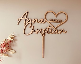 Caketopper personalisiert mit Herz aus Holz oder Acryl | personalisierte Tortendekoration | Hochzeitstorte