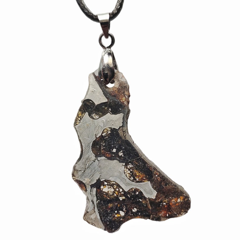 Brenham Olive Meteorite Pendant Necklace - Natural Meteorite Jewelry With Epoxy Coating (QB177)