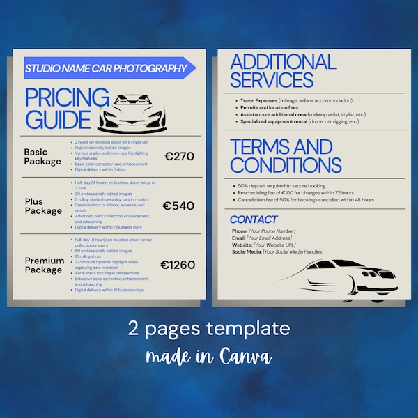 Car Photography Pricing List | Pricing Guide Sheet Template | Car Collection Package | Car Event | Car Photographer | Editable Canva