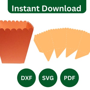 Peut inclure: Téléchargement numérique d'un modèle imprimable pour une boîte de faveur de fête. La boîte est orange et a un bord festonné. Le modèle est également disponible aux formats SVG et PDF.