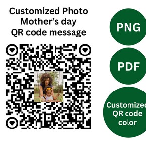 Op de afbeelding: Een zwart-witte QR-code met een foto van een moeder en kind. De tekst boven de QR-code luidt "Aangepaste foto Moederdag QR-code bericht". Drie groene cirkels met "PNG", "PDF" en "Aangepaste QR-code kleur".