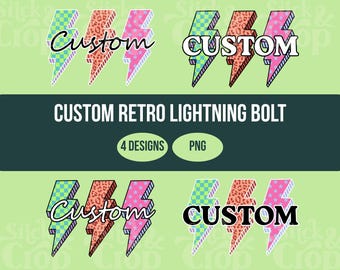 Custom Retro Checkered Lightning Bolt PNG | Personalized Neon Sublimation Design