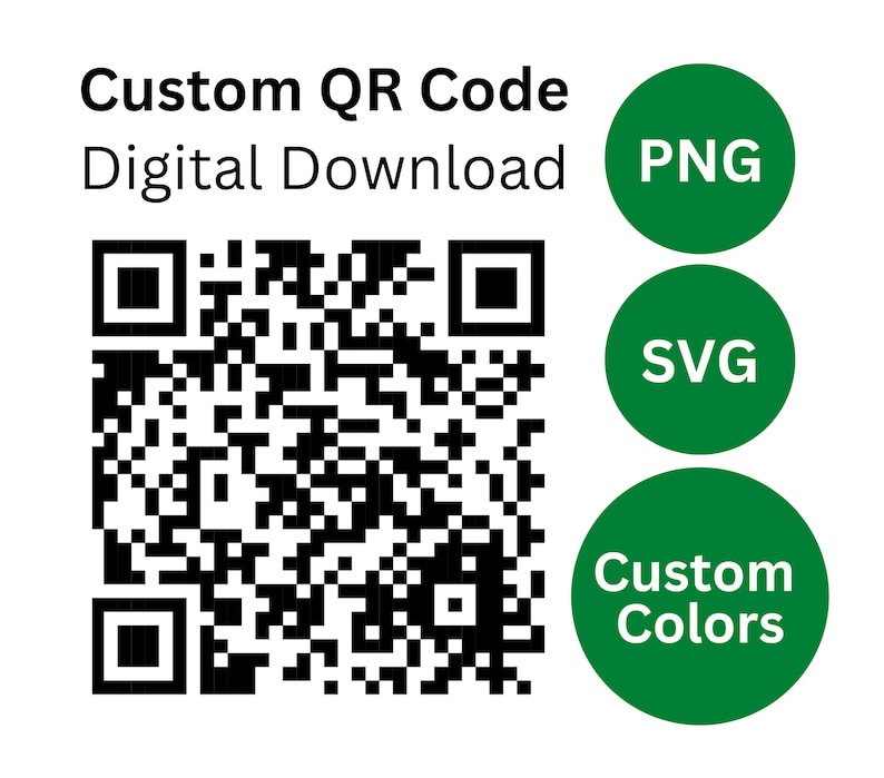 May include: Custom QR code for digital download in PNG and SVG formats.  The code is black and white and surrounded by three green circles with white text. The circles say "PNG", "SVG", and "Custom Colors".