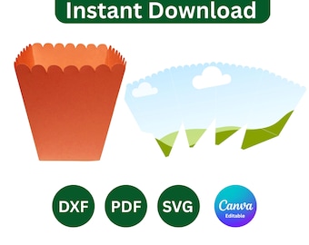 Plantilla para caja de palomitas de maíz en formatos SVG, DXF, PDF y Canva (Recuerdo para fiesta de noche de cine)