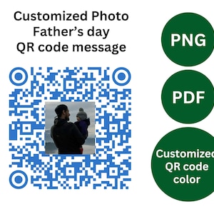 Op de afbeelding: Een blauwe en witte QR-code met een foto van een vader en kind in het midden. De QR-code kan worden aangepast met een bericht en een kleur. De afbeelding bevat ook de woorden "PNG", "PDF" en "Aangepaste QR-code kleur".