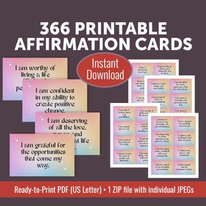 Cartes imprimables 366 jours d'affirmations positives, jeu numérique de cartes de 365 affirmations, cartes de pleine conscience et de motivation à téléchargement immédiat