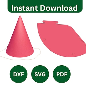 May include: A pink party hat with a white string and a matching flat template. The image includes the text "Instant Download" and icons for DXF, SVG, and PDF file formats. The hat is a classic cone shape.