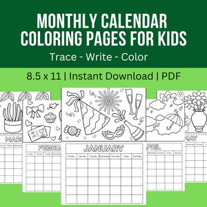 Kids Monthly Calendar Coloring Pages: Homeschool Planner (PDF & JPEG