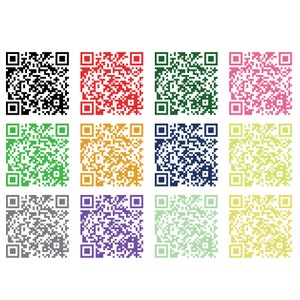 May include: Nine different colored QR codes, each with a unique pattern. The colors are black, red, green, pink, blue, gold, gray, purple, and light green.