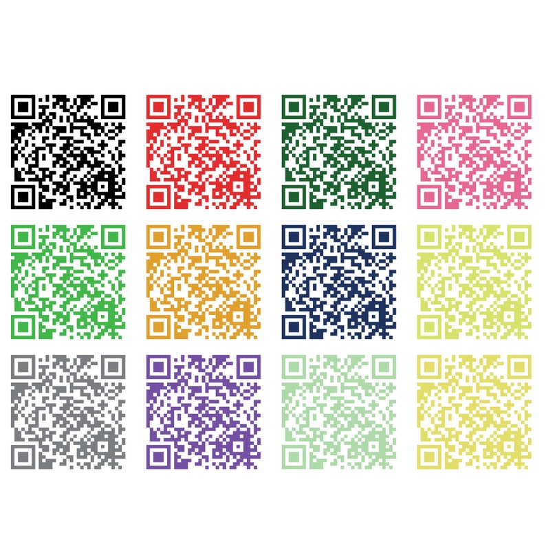 May include: Nine different colored QR codes, each with a unique pattern. The colors are black, red, green, pink, blue, gold, gray, purple, and light green.