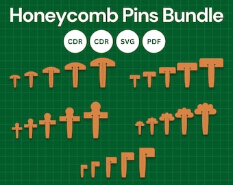 May include: A digital download bundle of honeycomb pin SVG cut files. The bundle includes a variety of sizes and shapes of honeycomb pins, including round, square, and hexagonal shapes. The files are available in CDR, SVG, and PDF formats.