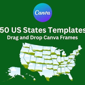 May include: A map of the United States with each state outlined in a blue and white frame. Each state has a green field with a white cloud in the background. The text "50 US States Templates" is at the top of the image, and the text "Drag and Drop Canva Frames" is below it. The Canva logo is in the top left corner.