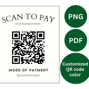 May include: A white square with black text that reads "SCAN TO PAY" and "YOUR BUSINESS NAME". A black and white QR code is below the text. Below the QR code is the text "MODE OF PAYMENT" and "$yourbusiness". To the right of the square are three green circles. The top circle has the text "PNG" in white. The middle circle has the text "PDF" in white. The bottom circle has the text "Customized QR code colour" in white.