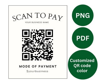 Op de afbeelding: Een wit vierkant met zwarte tekst die "SCAN TO PAY" en "YOUR BUSINESS NAME" luidt. Onder de tekst bevindt zich een zwart-witte QR-code. Onder de QR-code staat de tekst "MODE OF PAYMENT" en "$yourbusiness". Rechts van het vierkant bevinden zich drie groene cirkels. De bovenste cirkel heeft de tekst "PNG" in wit. De middelste cirkel heeft de tekst "PDF" in wit. De onderste cirkel heeft de tekst "Aangepaste QR-code kleur" in wit.