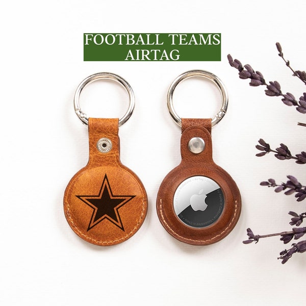 Personalized AirTag Keychain for Football Fans, Engraved Leather Airtag Holder, Airtag Case with Football Team Logo, Keychain Gift for Mens