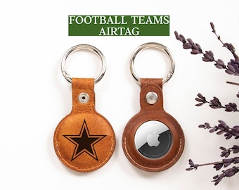 Personalized AirTag Keychain for Football Fans, Engraved Leather Airtag Holder, Airtag Case with Football Team Logo, Keychain Gift for Mens
