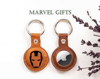 Personalized SuperHero Engraved Air Tag Case Christmas Gift, Leather Apple Air Tag Holder Mens, SuperHero Keychain Gift for Son Boyfriend