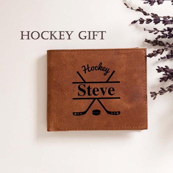 Hockey Player Wallet Christmas Gift, Personalized Leather Wallet Mens, Hockey Lovers Gift, Engraved Wallet for Him, Anniversary Gift Husband