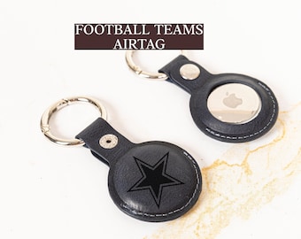Personalized Leather AirTag Keychain for Football Fans, Engraved Airtag Holder, Football Teams Logo Airtag Case, Cool Keychain Gift for Mens