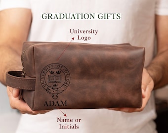 Personalized Leather Toiletry Bag Graduation Gift Class of 2025, Custom University Logo Graduation Gift for Him, College Toiletry Bag Mens