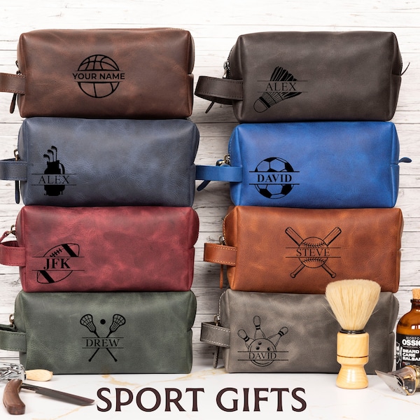 Personalized Football Baseball Hockey Lovers Gift, Leather Toiletry Bag Mens, Basketball Soccer Lovers Gift, Tennis Golf Bowling Gift Him
