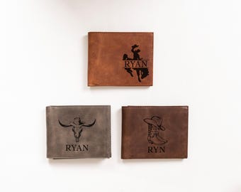 Personalized Rodeo Cowboy Wallet Gift for Mens, Valentines Day Gift for Cowboys Lovers, Cowhide Leather Wallet, Wallet Gift for Husband, Dad