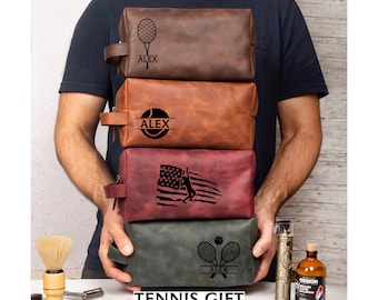 Leather Toiletry Bag for Tennis Players, Custom Dopp Kit, Tennis Gift for Him, Dad, Boyfriend, or Tennis Coach, Christmas Tennis Gift Idea