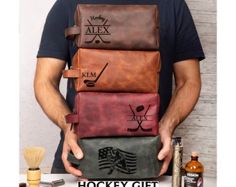 Leather Dopp Kit for Hockey Players, Custom Toiletry Bag, Perfect Gift for Men, Dad, Boyfriend, or Hockey Coach, Graduation Gift for Him