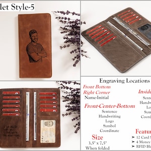 May include: A brown leather wallet with 12 card slots, 4 money sleeves, and RFID blocking. The wallet is 3.5 inches by 7.5 inches when folded. The wallet has a personalized engraving area on the front and inside.