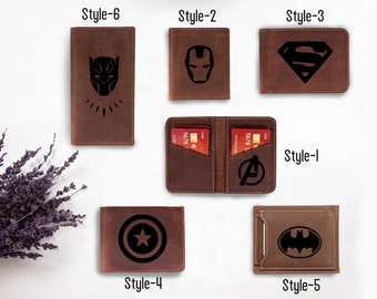 Personalized Custom Super Hero Monogrammed Gift, Leather Wallet Men, Engraved Super Hero Gift Boys, Gift for Boyfriend, Gift for Dad Men
