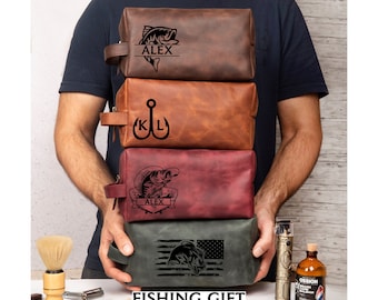Personalized Leather Dopp Kits for Fish Hunter, Fishing Hunting Gift, Leather Toiletry Bag for Fisherman, Gift for Husband, Dad, Boyfriend