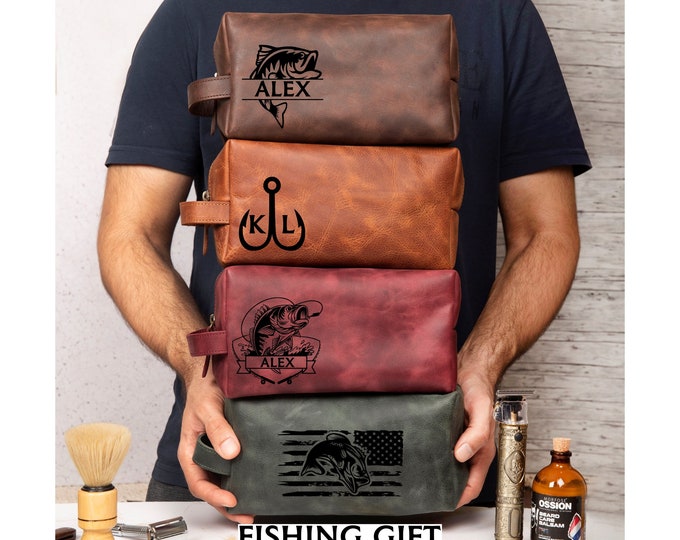 Personalized Leather Dopp Kits for Fish Hunter, Fishing Hunting Gift, Leather Toiletry Bag for Fisherman, Gift for Husband, Dad, Boyfriend