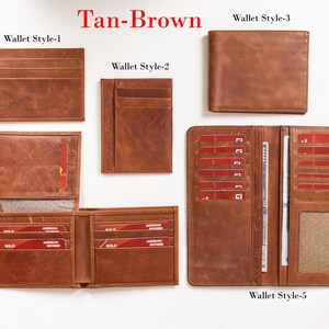 May include: Five different styles of leather wallets in tan brown. The wallets are laid out on a white surface. The text "Tan-Brown" is written in red at the top of the image. The text "Wallet Style-1", "Wallet Style-2", "Wallet Style-3", "Wallet Style-4", and "Wallet Style-5" are written in black below each wallet.