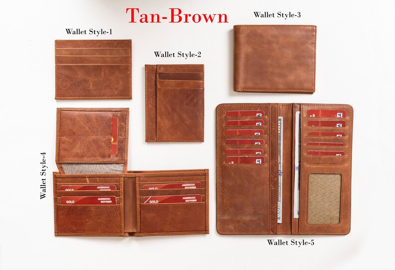 May include: Five different styles of leather wallets in tan brown. The wallets are laid out on a white surface. The text "Tan-Brown" is written in red at the top of the image. The text "Wallet Style-1", "Wallet Style-2", "Wallet Style-3", "Wallet Style-4", and "Wallet Style-5" are written in black below each wallet.