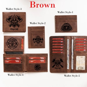 May include: Five different styles of brown leather wallets with firefighter themed engravings. The wallets feature various designs including a firefighter helmet, axes, and a skull. Some wallets have the text "Retired Firefighter" and "David".