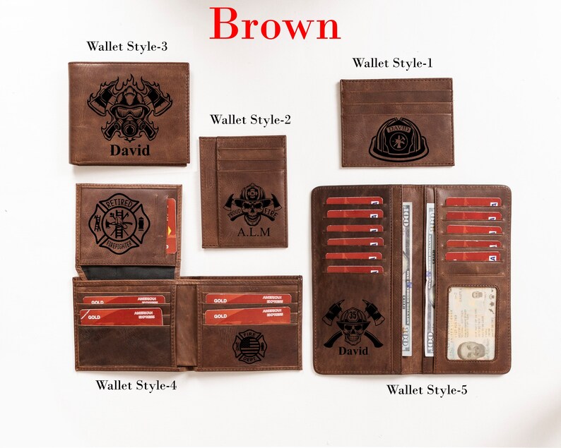 May include: Five different styles of brown leather wallets with firefighter themed engravings. The wallets feature various designs including a firefighter helmet, axes, and a skull. Some wallets have the text "Retired Firefighter" and "David".