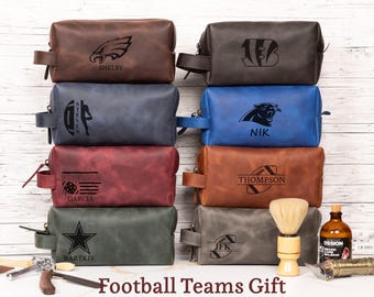 Personalized Leather Toiletry Bag Football Team Gifts for Husband, Dad, Boyfriend, Custom Leather Dopp Kits for Him, Christmas Dad Gift
