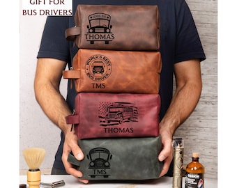 Personalized Leather Toiletry Bag for Bus Drivers, Custom Bus Drivers Retirement Dad Father Gifts, School Bus Driver Gift for Husband, Him