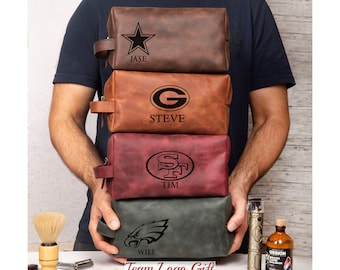Personalized Leather Toiletry Bag Football Team Gifts for Husband, Dad, Boyfriend, Custom Leather Dopp Kits Him, Sports Fans Christmas Gift