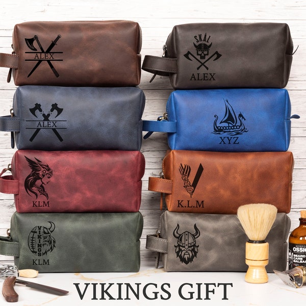 Personalized Vikings Leather Toiletry Bag Mens, Unique Valentines Day Gift for Viking Fans, Ragner Axe Monogrammed Leather Gift Dad Husband