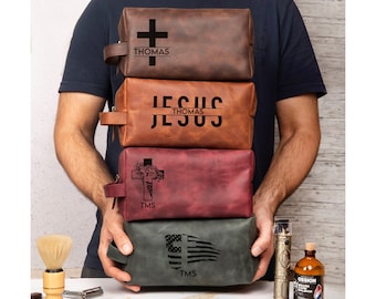 Personalized Leather Toiletry Bags for Christian Gift, Christian Cross Engraved Gifts Mens, Custom Prayer Gifts, Christian Religious Gift